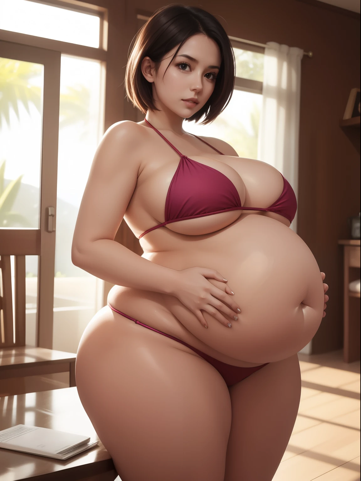 1woman, huge belly, wide hips, thick thighs, big breasts, bikini, inside a house, home, holding her belly with her hands, 