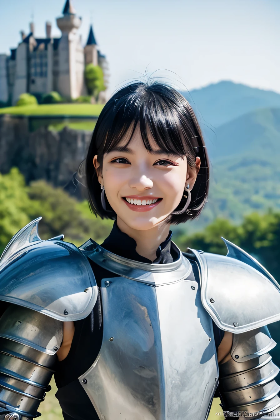 8K、highest quality、female knight、The background is a castle、Luxurious Silver Armor、heavy equipment、black hair、hairstyle short cut、smile、beautiful teeth、full body photo、ear piercing、Dragon Helm