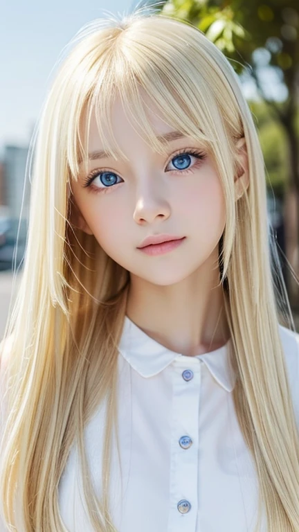 A very beautiful 14-year-old girl with outstanding beautiful blonde hair.、Beautiful and beautiful face、blonde on the face、bangs above shiny eyes、Very bright white light blue big eyes that shine so beautifully、cute very bright big eyes、gentle and bright expression、blonde super long silky hair、hair above eyes、片hair above eyes、hair between eyes、small face beauty、round face、Very white, bright and young skin、cheek highlights、Very beautiful bright eye highlights、