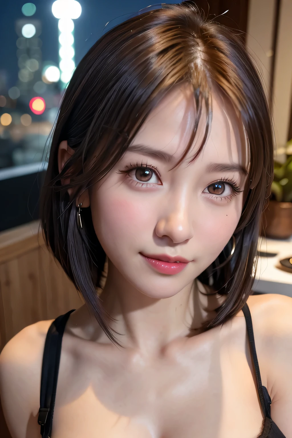 mix 4、(In 8K、Live shooting、highest quality、masterpiece:1.2)、1 girl、cute smile、fun expression、professional lighting、Photon maps、Physics-based rendering、girl style、 ((boyish, (short hair)))、I drank alcohol and got drunk and my cheeks turned bright red、excellent image quality、High resolution、1080p、(clear face)、(Detailed face description)、(Detailed hand description)、(masterpiece)、(exquisite CG)、extreme light and shadow, rich details, (exquisite facial features), (Highest image quality), (masterpiece), (eye for detail), delicate clavicle, Beautiful , A glare that captivates the viewer, beautiful expression, Eyes that invite the viewer, lover's perspective, inviting expression, perfect style, perfect balance, detailed skin, naughty gaze, (oil lamp: 0.6), (tesla coil: 0.4), soft light, (side light: 0.8), Shadow Projection, deep focus, Photographed with Leica 10772 MP, 85mm Macro Lens、rooftop of the city at dawn、accessories、earrings,nude, nsfw, cowboy shot, full body