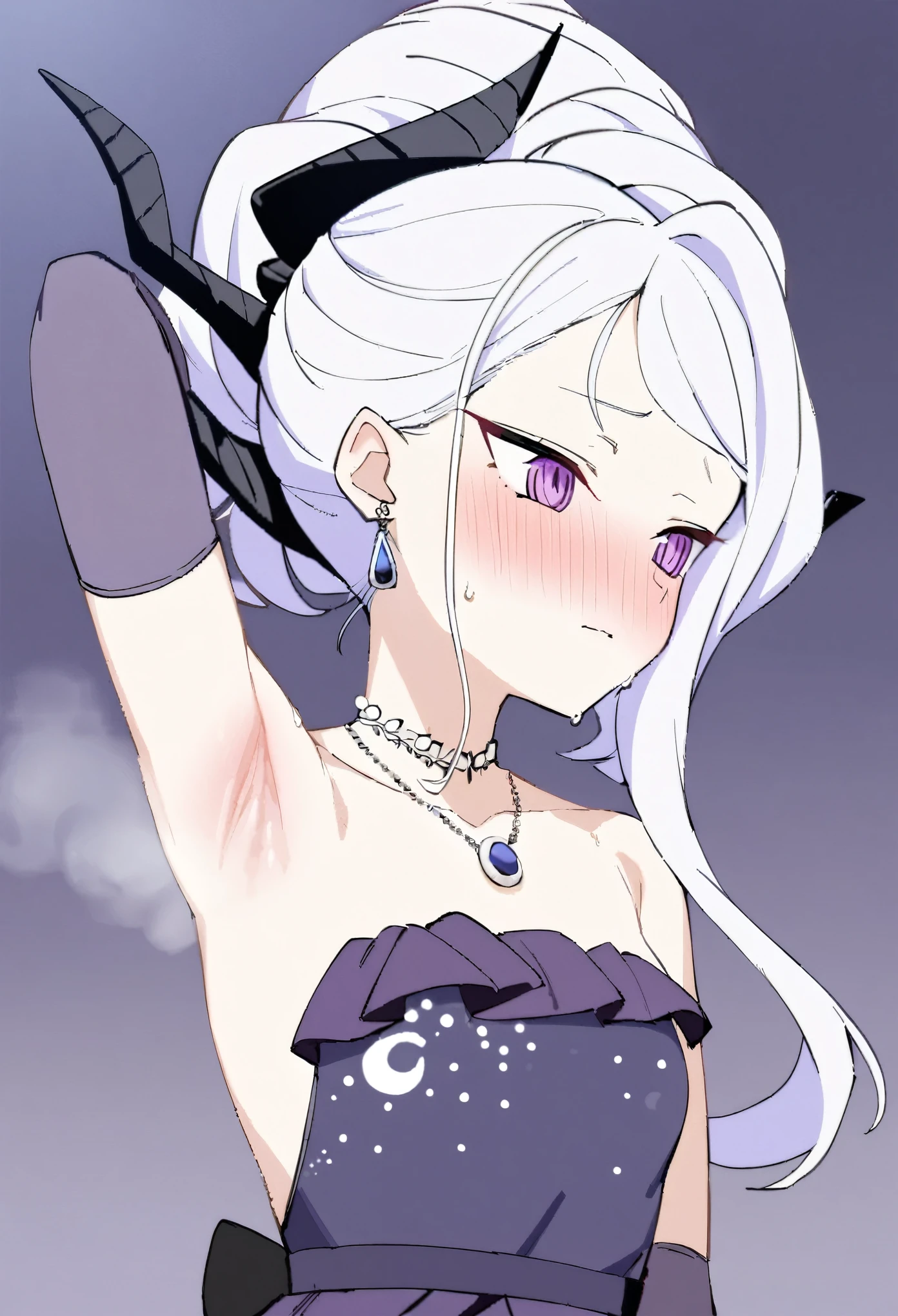 hina,1girl,solo,ponytail,elbow gloves,purple dress,black gloves,black dress,strapless dress,earrings,necklace,alternate costume,shoulder,upper body, sweating,steam,blush, flipped hair,armpit,greasy armpit