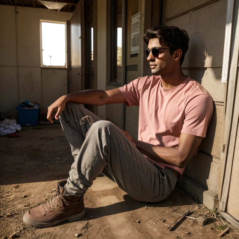 A 20 years young man ,light in complection, wearing a pink t-shirt, wearing a brown sun hat and grey skinny long trousers with a red track suit, black portable working boots. One day, as I strolled from home to the field, donning a pair of outdated sunglasses from a company grappling with challenges and besieged by rumors of bankruptcy on social media, I reflected on their purchase five years ago. Acquired during their store debut, I stumbled upon them while organizing my room, still sealed in the box among old board games. Astonished, I decided to wear them on my way to monitor our field crops' growth.