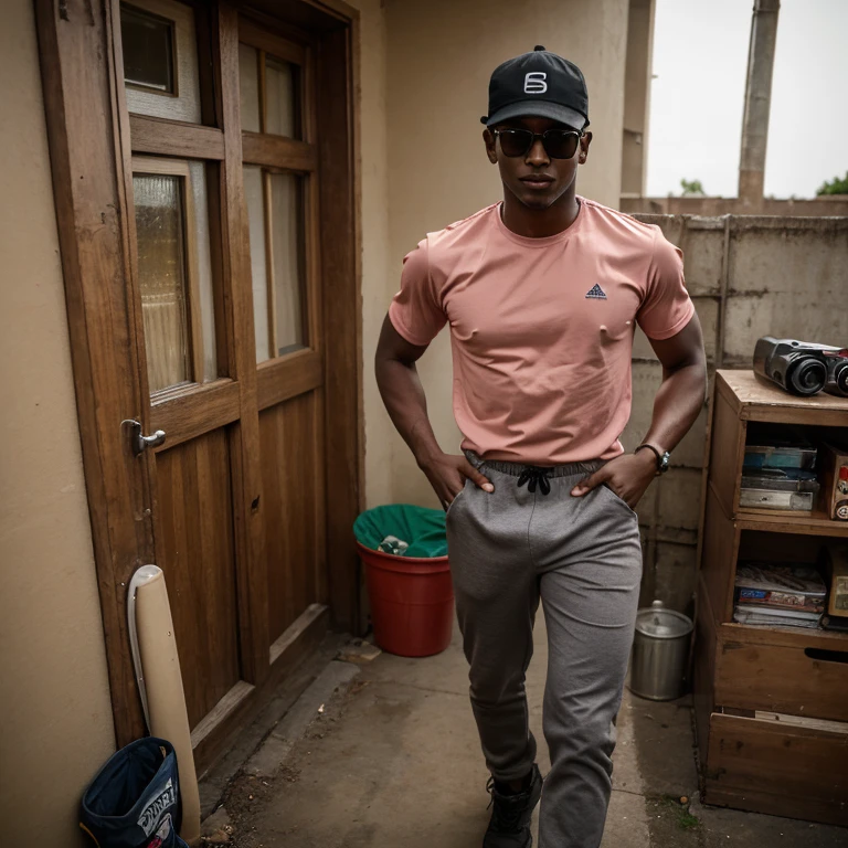 A 20 years young man ,light in complection, wearing a pink t-shirt, wearing a brown sun hat and grey skinny long trousers with a red track suit, black portable working boots. One day, as I strolled from home to the field, donning a pair of outdated sunglasses from a company grappling with challenges and besieged by rumors of bankruptcy on social media, I reflected on their purchase five years ago. Acquired during their store debut, I stumbled upon them while organizing my room, still sealed in the box among old board games. Astonished, I decided to wear them on my way to monitor our field crops' growth.