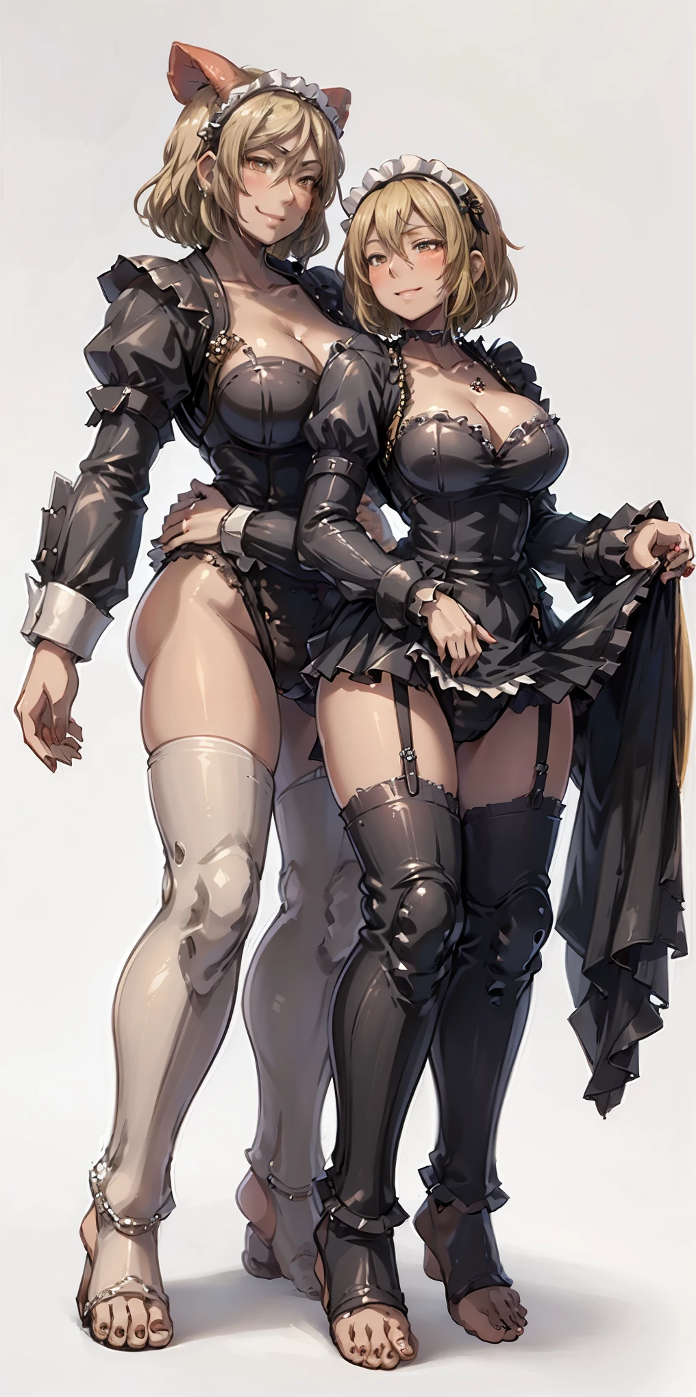 ((White background)) 1mother with daughter showing her asses,barefeet, cute, ((Short black hair girl and long blonde hair girl)), maid victorian, maid apron, straight face, dazed, Body position: Standing, straight, symmetrical, barefoot, smile face, lustful smirking smile face red blushed red cheeks