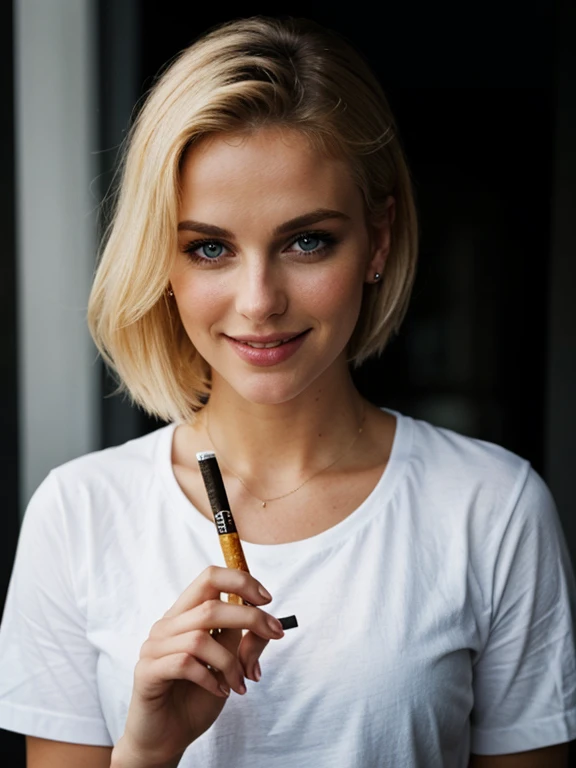 a closeup dark full body photo of a blonde with perfect eyes, smile, dark background, wearing white tshirt smoking cigarettes and glass in hand