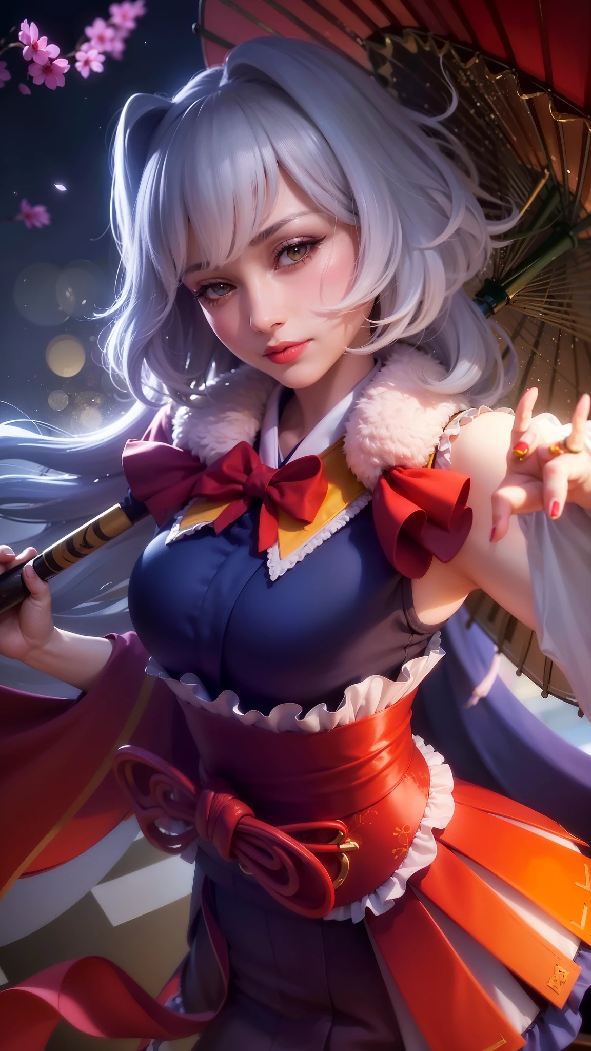 girl with white hair holding a umbrella, red lips glossy, 8k, ultra hd, ultra detailed texture, hyper realistic, masterpiece, detailed texture, detailed face, detailed skin, detailed lighting, (photorealistic:1.5), best quality, beautiful lighting, cinematic lighting, professional lighting, ultra highres, realistic, detailed hair, real hair, high quality, (realskin:1.5), extremely detailed, finely detail, ultra-detailed, smile, kimono outfit, yellow eyes.