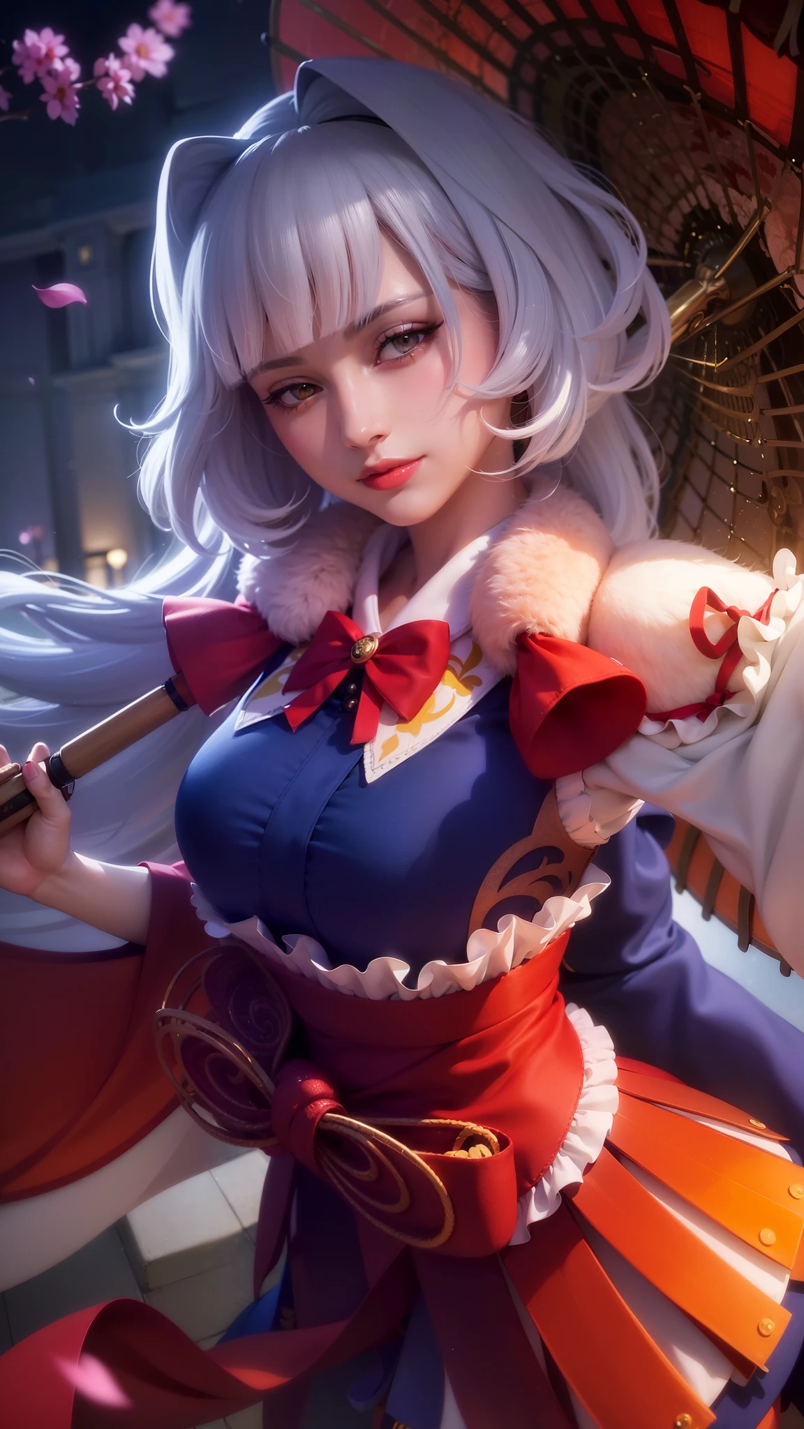 girl with white hair holding a umbrella, red lips glossy, 8k, ultra hd, ultra detailed texture, hyper realistic, masterpiece, detailed texture, detailed face, detailed skin, detailed lighting, (photorealistic:1.5), best quality, beautiful lighting, cinematic lighting, professional lighting, ultra highres, realistic, detailed hair, real hair, high quality, (realskin:1.5), extremely detailed, finely detail, ultra-detailed, smile, kimono outfit, yellow eyes.