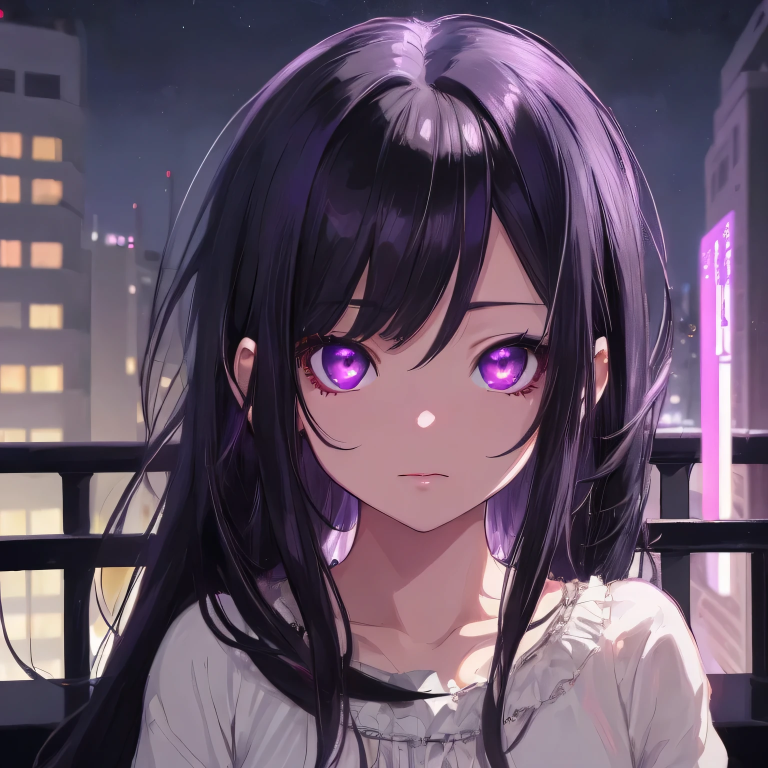 5 years old, anime, purple eyes, Long black hair, home balcony background, night atmosphere, detailed face, looking at camera, portrait, 8K, ultra HD, high quality, detailed hair, detailed eye, high detailed.