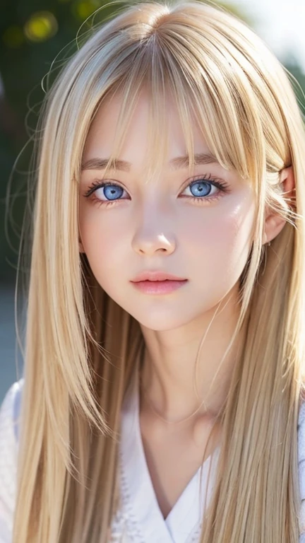 A very beautiful with outstanding beautiful blonde hair.、Beautiful and well-groomed face、blonde on the face、bangs above shiny eyes、Very bright white light blue big eyes that shine so beautifully、cute very bright big eyes、gentle and bright expression、blonde super long silky hair、hair above eyes、片hair above eyes、hair between eyes、small face beauty、round face、Very white, bright and young skin、cheek highlights、Very beautiful bright eye highlights、