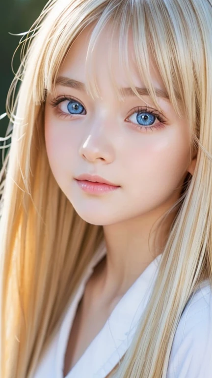 A very beautiful with outstanding beautiful blonde hair.、Beautiful and well-groomed face、blonde on the face、bangs above shiny eyes、Very bright white light blue big eyes that shine so beautifully、cute very bright big eyes、gentle and bright expression、blonde super long silky hair、hair above eyes、片hair above eyes、hair between eyes、small face beauty、round face、Very white, bright and young skin、cheek highlights、Very beautiful bright eye highlights、