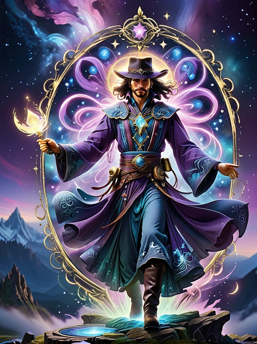 ((Long shot:1.9))，((panoramic))，(tarot card:1.5，Rotational symmetry，center)，Stephen Gammel，(cowboy shot)，A figure stands on a cliff, enveloped in swirling streams of cosmic energy, amidst a dreamy, nebulous landscape. The silhouette of the person is wrapped in a flowing, ethereal gown that merges with the celestial currents. The sky is a tapestry of deep purples and blues, sprinkled with stars, and the landscape below is hinted at with soft, rolling mountains. The scene is one of tranquility and the sublime, capturing the majestic essence of the cosmos with a single, contemplative figure standing in awe，(Very detailed，Reasonable design，clear lines，High definition，best quality，masterpiece，8K)