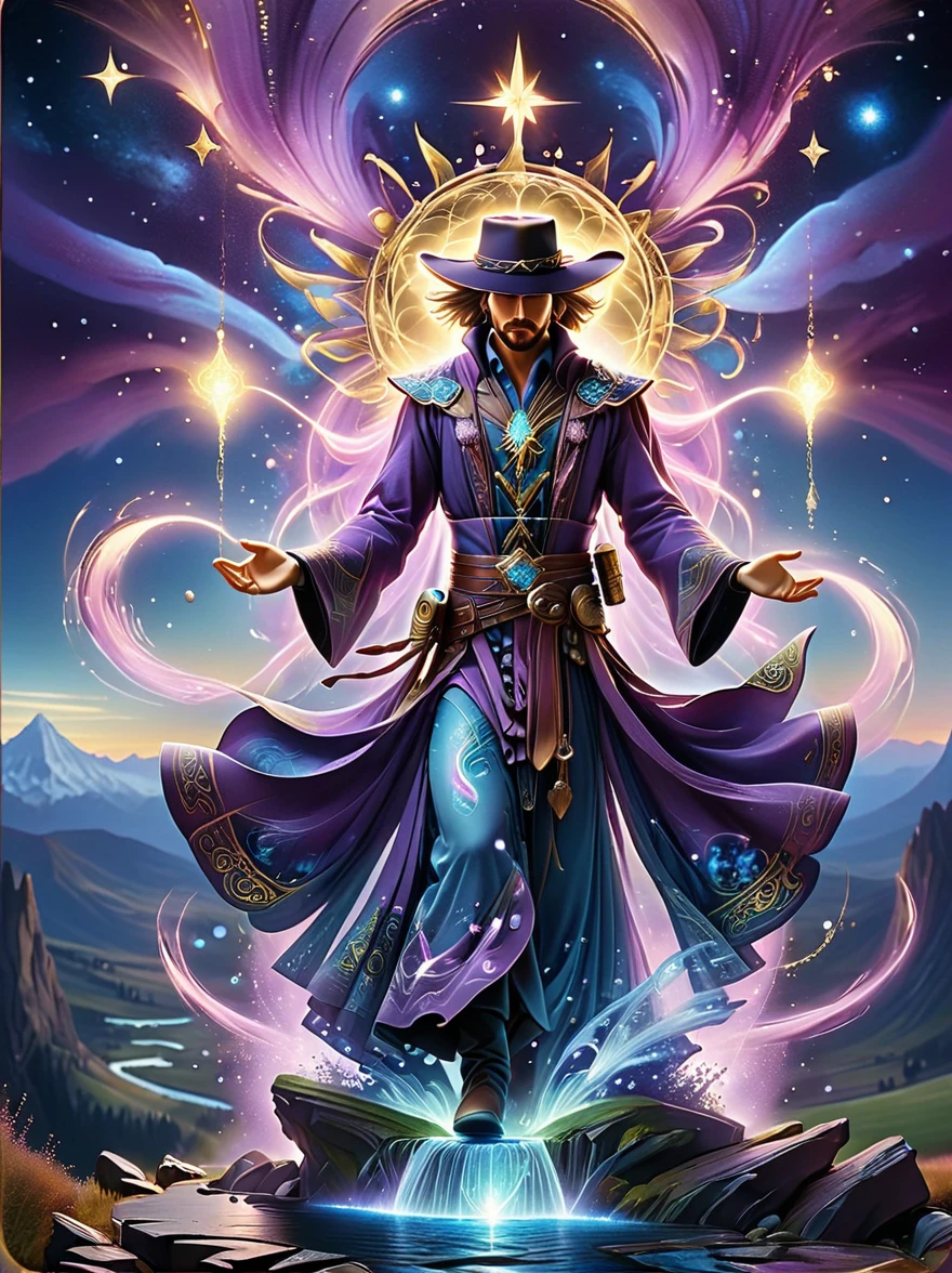 ((Long shot:1.9))，((panoramic))，(tarot card:1.5，Rotational symmetry，center)，Stephen Gammel，(cowboy shot)，A figure stands on a cliff, enveloped in swirling streams of cosmic energy, amidst a dreamy, nebulous landscape. The silhouette of the person is wrapped in a flowing, ethereal gown that merges with the celestial currents. The sky is a tapestry of deep purples and blues, sprinkled with stars, and the landscape below is hinted at with soft, rolling mountains. The scene is one of tranquility and the sublime, capturing the majestic essence of the cosmos with a single, contemplative figure standing in awe，(Very detailed，Reasonable design，clear lines，High definition，best quality，masterpiece，8K)