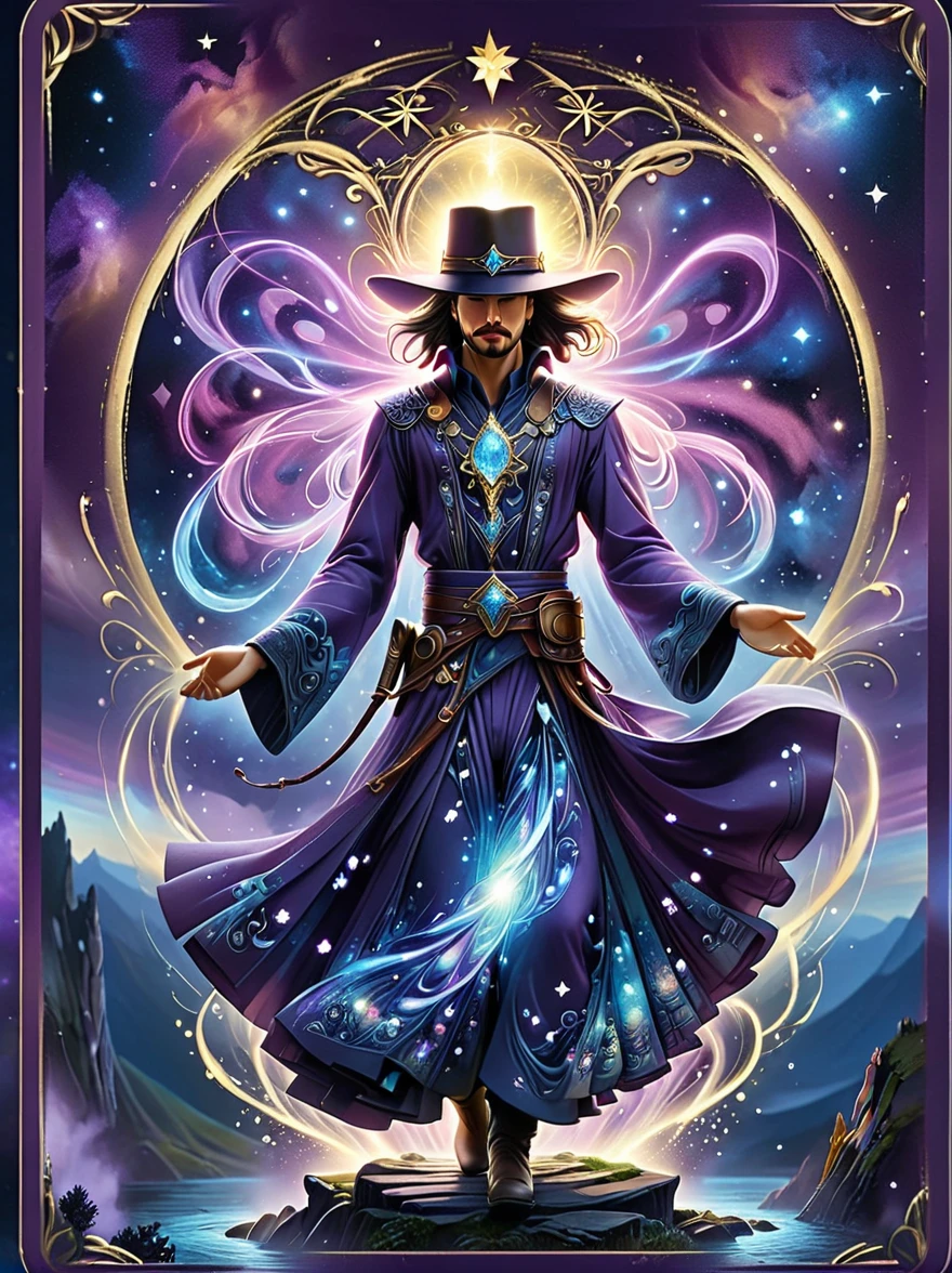 ((Long shot:1.9))，((panoramic))，(tarot card:1.5，Rotational symmetry，center)，Stephen Gammel，(cowboy shot)，A figure stands on a cliff, enveloped in swirling streams of cosmic energy, amidst a dreamy, nebulous landscape. The silhouette of the person is wrapped in a flowing, ethereal gown that merges with the celestial currents. The sky is a tapestry of deep purples and blues, sprinkled with stars, and the landscape below is hinted at with soft, rolling mountains. The scene is one of tranquility and the sublime, capturing the majestic essence of the cosmos with a single, contemplative figure standing in awe，(Very detailed，Reasonable design，clear lines，High definition，best quality，masterpiece，8K)