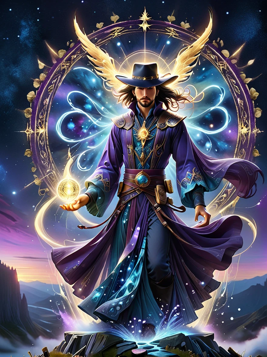 ((Long shot:1.9))，((panoramic))，(tarot card:1.5，Rotational symmetry，center)，Stephen Gammel，(cowboy shot)，A figure stands on a cliff, enveloped in swirling streams of cosmic energy, amidst a dreamy, nebulous landscape. The silhouette of the person is wrapped in a flowing, ethereal gown that merges with the celestial currents. The sky is a tapestry of deep purples and blues, sprinkled with stars, and the landscape below is hinted at with soft, rolling mountains. The scene is one of tranquility and the sublime, capturing the majestic essence of the cosmos with a single, contemplative figure standing in awe，(Very detailed，Reasonable design，clear lines，High definition，best quality，masterpiece，8K)