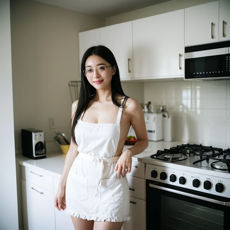 ((最high quality、8K、masterpiece、portrait:1.3)), hair, fine eyes, Single-lens reflex camera, high quality, 35 years oldのきれいな女日本人女性, 35 years old, Glasses, plump body, big breasts、cleavage、黒hair, long straight hair, Realistic kitchen in a tidy apartment、cooking、she is completely naked、Wearing a white apron with frills.、barefoot、wedding ring, rat trail section、gentle smile、best shot