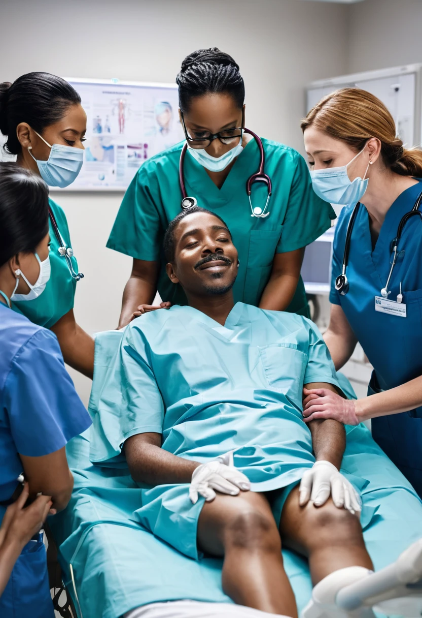 The image showcases a healthcare team surrounding a patient with care and compassion. Doctors, nurses, and other medical professionals are gathered around the patient, providing attentive treatment and support. In the background, advanced medical technology and resources are visible, emphasizing the importance of leveraging modern tools to enhance patient care. The image conveys the collaborative effort and dedication of healthcare providers to optimize patient outcomes.