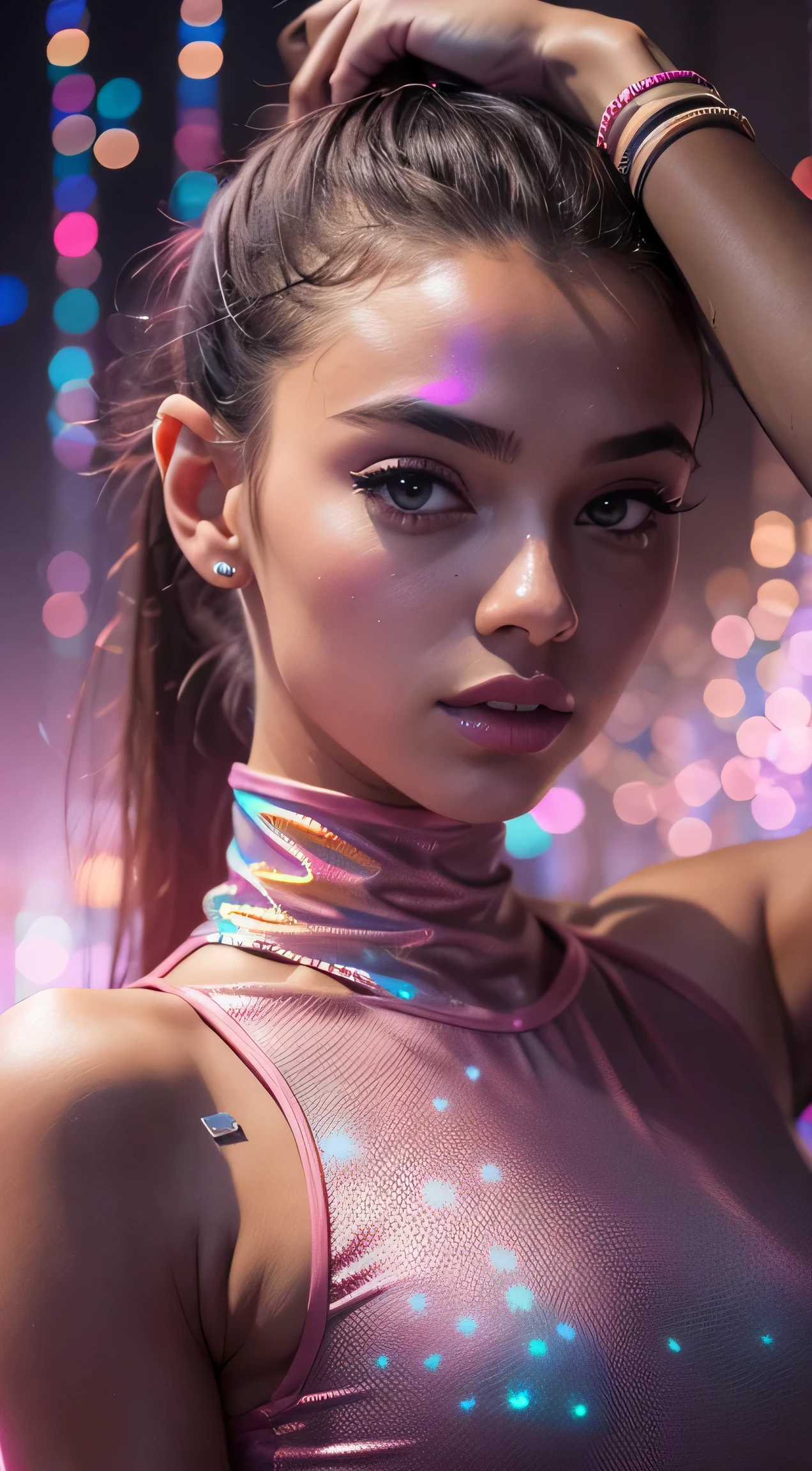 young woman, 18yo, perfect body, (in pink iridescent sleek bodysuit, dark background), european girl, pale white skin, view from below, professionnal dancer, long hair, ponytail, cute, medium breasts, thin waist, colorful spotlights, (bokeh particles), dark background, american shot, cinematographic lighting