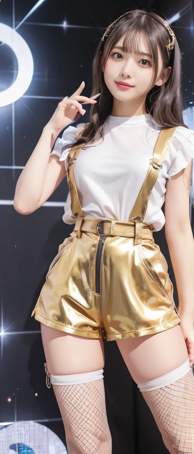 Gorgeous Cyber Idol Girl、、Champagne gold overalls shorts、、、good style、whole body、、shiny belt、、silver hair、Fishnet tights