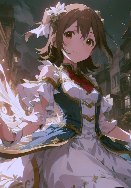 Mirai Kasuga (million live), (highest quality, 8K, masterpiece, super detailed:1.2), detailed background,
beautiful illustrations, highest quality, cute  girl, (conversion sequence), transformation magical girl, white magical girl, fractal art, albino, baby face, beautiful detailed red eyes, cinematic lighting, cowboy shot, looking at the viewer, from below, Happy