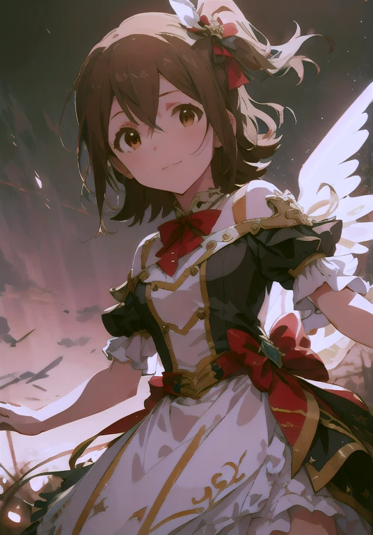 Mirai Kasuga (million live), (highest quality, 8K, masterpiece, super detailed:1.2), detailed background,
beautiful illustrations, highest quality, cute  girl, (conversion sequence), transformation magical girl, white magical girl, fractal art, albino, baby face, beautiful detailed red eyes, cinematic lighting, cowboy shot, looking at the viewer, from below, Happy