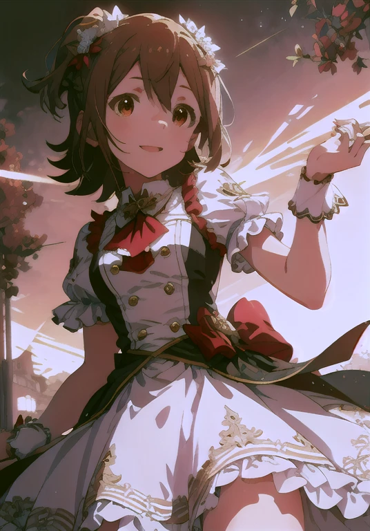 Mirai Kasuga (million live), (highest quality, 8K, masterpiece, super detailed:1.2), detailed background,
beautiful illustrations, highest quality, cute  girl, (conversion sequence), transformation magical girl, white magical girl, fractal art, albino, baby face, beautiful detailed red eyes, cinematic lighting, cowboy shot, looking at the viewer, from below, Happy