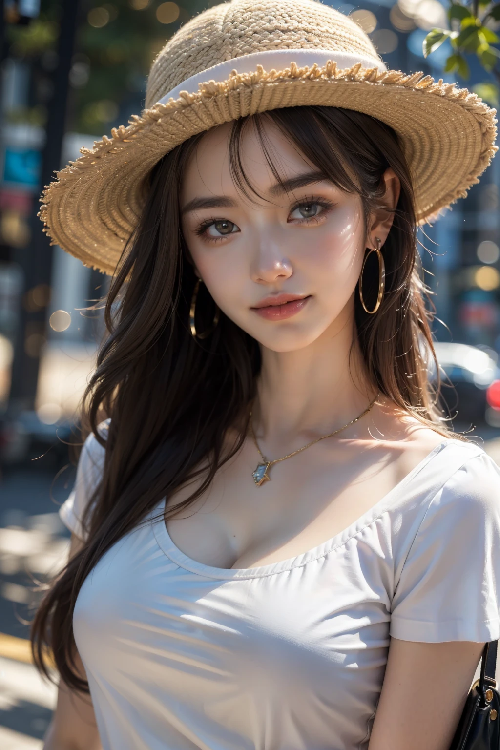 (best quality, 8k,32k,masterpiece, UHD:1.2),extremely detailed CG unity 8k wallpaper,intricate details,Raw photo,(photorealistic:1.4),atmosphere,ultra high res,Realistic,Real,Huge_filesize,incredibly absurdres,(centered:1.3),Ultra illustration,(ultra-detailed),dramatic lighting,various colors,depth of field,art by krenz cushart,golden hour lighting,taken by Canon EOS,SIGMA Art Lens 35mm F1.4,ISO 200 Shutter Speed 2000,blurry background,
BREAK,
1girl,(smile:1.3),slim body,(long straight hair with SEE THROUGHbangs,:1.4),solo,20-year-old Japanese beautiful woman, (Shibuya city,hat with brim,white tee shirt:1.4),(light brown hair:1.5),((brown eyes)),Large breasts,chest, Soft white skin that shines with every detail,pale skin,Very beautiful face,Very well-formed face,Natural and realistic face,Best,beautiful detailed eyes,striking eyes,Eyes drawn in detail, smile with your mouth closed,Detailed mouth,Detailed lips,shiny beautiful lips,Glossy lips,simple earrings,necklace,jewelry, solo focus,low neckline,
BREAK,
Front lighting,kool,Standing,sensual expression, BREAK,
(Dutch angle:1.4),looking at viewer,
BREAK,tzuyu,yui aragaki,
