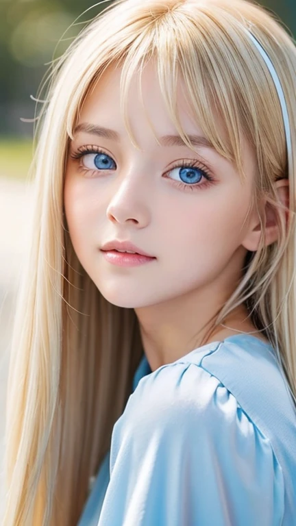 A very beautiful 14-year-old girl with outstanding beautiful blonde hair.、Beautiful and well-groomed face、blonde on the face、bangs above shiny eyes、Very bright white light blue big eyes that shine so beautifully、cute very bright big eyes、gentle and bright expression、blonde super long silky hair、hair above eyes、片hair above eyes、hair between eyes、small face beauty、round face、Very white, bright and young skin、cheek highlights、Very beautiful bright eye highlights、