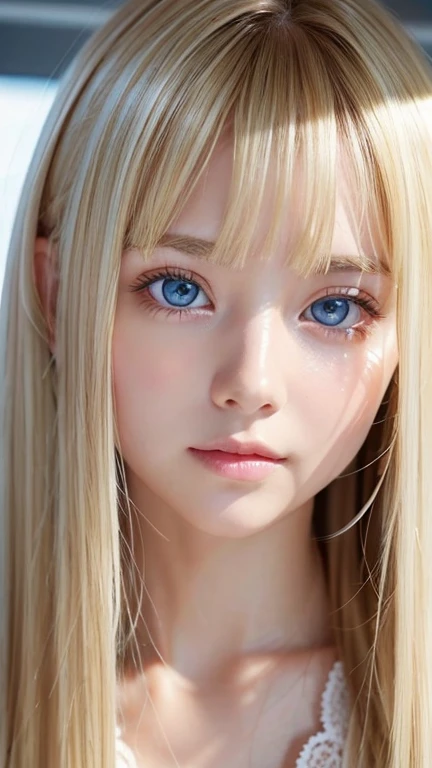 A very beautiful 14-year-old girl with outstanding beautiful blonde hair.、Beautiful and well-groomed face、blonde on the face、bangs above shiny eyes、Very bright white light blue big eyes that shine so beautifully、cute very bright big eyes、gentle and bright expression、blonde super long silky hair、hair above eyes、片hair above eyes、hair between eyes、small face beauty、round face、Very white, bright and young skin、cheek highlights、Very beautiful bright eye highlights、