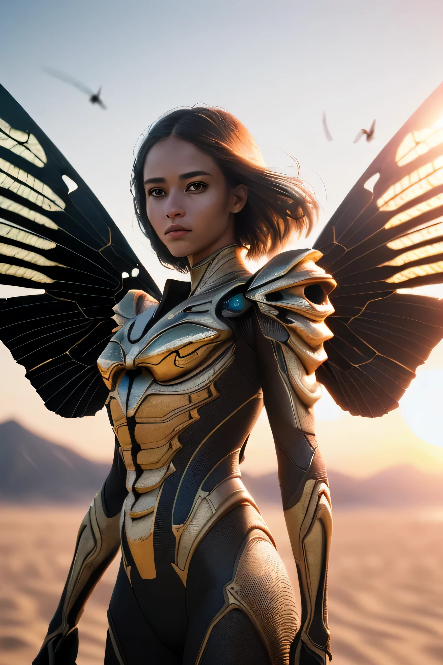 (masterpiece), (very complicated:1.3), (realistic), girl portrait, the most beautiful in the world, (locust-like wings), scale powder reflection, outdoor, intense sunlight, distant dune, Stunning female professional photo details, sharp focus, dramatic, Award history, cinematic lighting, Octane Rendering Unreal Engine, volumetrics dtx, (film grain, blurred background, blurred foreground, Bokeh, Depth of the bounds written, sunset, motion blur:1.3), thin clothing