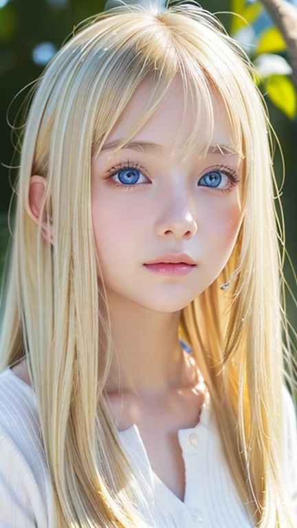 A very beautiful 14-year-old girl with outstanding beautiful blonde hair.、Beautiful and beautiful face、blonde on the face、bangs above shiny eyes、Very bright white light blue big eyes that shine so beautifully、cute very bright big eyes、gentle and bright expression、blonde super long silky hair、hair above eyes、片hair above eyes、hair between eyes、small face beauty、round face、Very white, bright and young skin、cheek highlights、Very beautiful bright eye highlights、