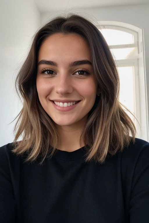 photo instagram, 21 year old French woman smiling , cheveux long, cheveux noirs, portrait en gros plan, pull-over, pale, ombres dures, souriante