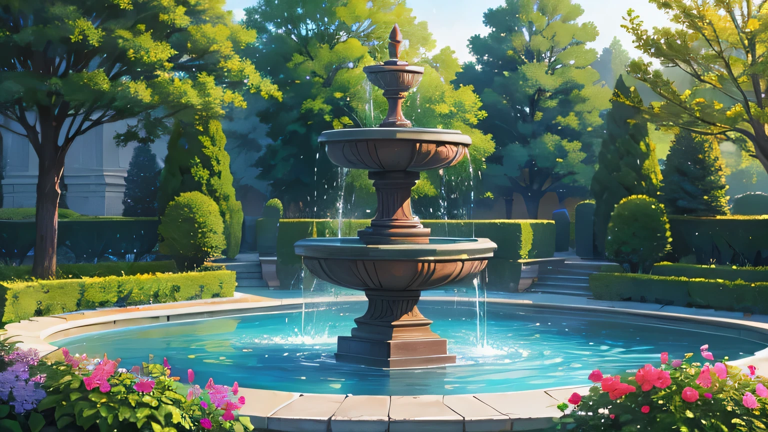 masterpiece, best quality, garden, fountain, scenery