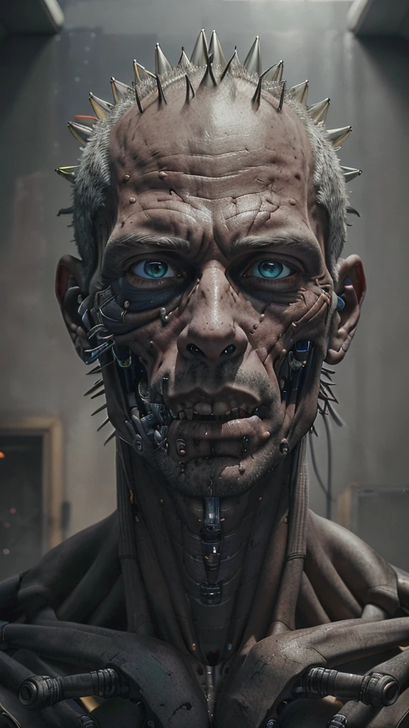 arafed man with a spiked head and a spiky face, portrait of male humanoid, detailed portrait of a cyborg, humanoid portrait, detailed humanoid, extreme detailed face and body, close-up portrait of cyborg, symmetry!! portrait of cyborg, portrait of a humanoid alien, cyborg portrait, dystopian sci-fi character, humanoid face,(best quality,highres,masterpiece:1.2),ultra-detailed,(realistic,photorealistic,photo-realistic:1.37),retro photography,1960s,AGFA,Kodak,portrayal,gazing into the viewfinder,smile,Japan,Tokyo,cherry blossom,octane rendering,loneliness,retro photo