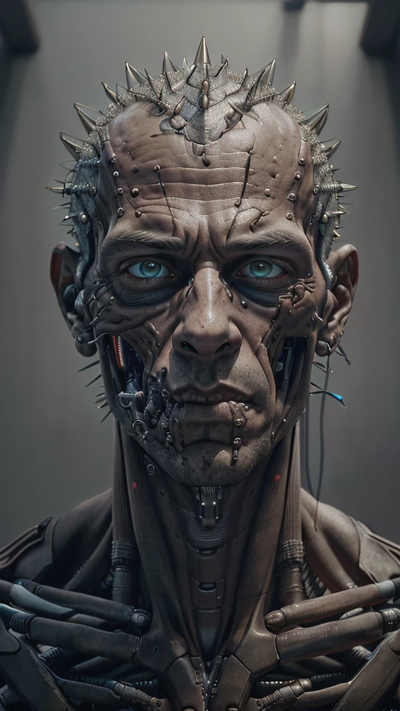 arafed man with a spiked head and a spiky face, portrait of male humanoid, detailed portrait of a cyborg, humanoid portrait, detailed humanoid, extreme detailed face and body, close-up portrait of cyborg, symmetry!! portrait of cyborg, portrait of a humanoid alien, cyborg portrait, dystopian sci-fi character, humanoid face,(best quality,highres,masterpiece:1.2),ultra-detailed,(realistic,photorealistic,photo-realistic:1.37),retro photography,1960s,AGFA,Kodak,portrayal,gazing into the viewfinder,smile,Japan,Tokyo,cherry blossom,octane rendering,loneliness,retro photo