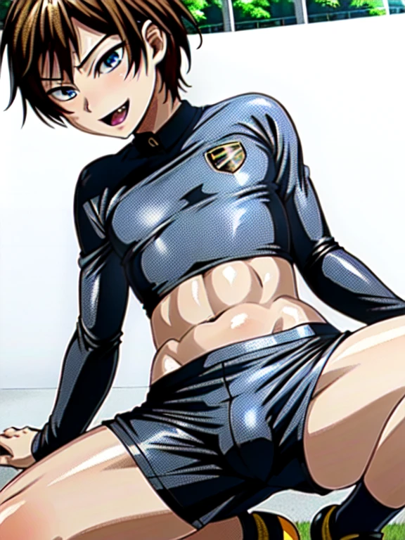 (((official art,Super thin illustration,High resolution, muste piece, best quality,best quality,)))high quality, detailed, ( boy),12 yealo)))、 A young ace striker male idol with a super cute face,A boy as beautiful as Planding, Cool handsome face with a smile, soccer spike, long legs, thighs, Foots, No bulge, (blonde、short hair)、shiny hair, (Tight shiny random color soccer uniform suit), (tight and shiny soccer shorts), (soccer socks), grassy area, cool pose, (厚いthighs、Seducing a big ass into your crotch)、(((soccer field in the park)))、((Saucy、))、grinning grin、spread legs,ultra fine painting, (best quality, In 4K, 8K, High resolution, muste piece:1.2),service shot、((detailedな目:1.2))、showing off his big butt、proud butt、