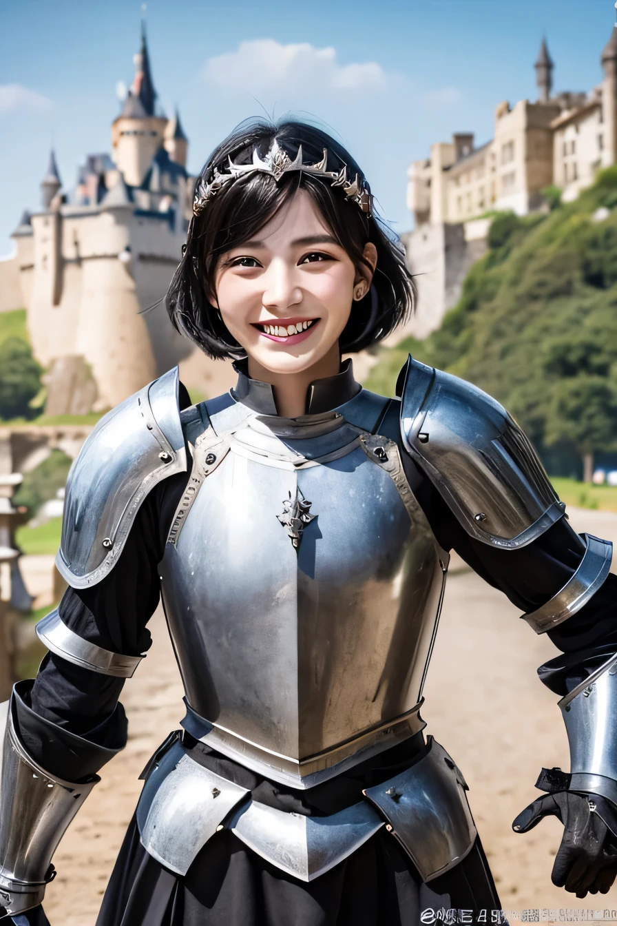 8K、highest quality、female knight、The background is a castle、Luxurious Silver Armor、heavy equipment、black hair、hairstyle short cut、smile、beautiful teeth、full body photo、ear piercing、Dragon Helm