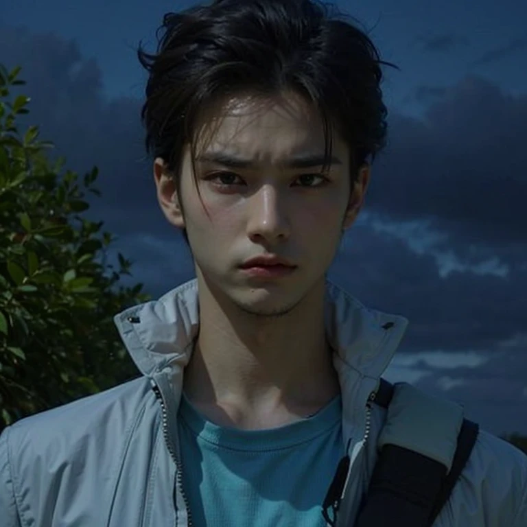 male adult, angry expression, short spiky brown hair, green eyes, blue top, white jacket with blue stripes, blue shoulder bag