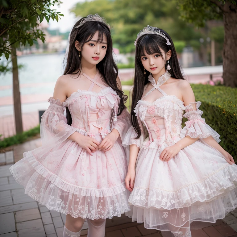 best quality, delicate face，beautiful visual work, lifelike, 2 girls, eternal, black hair, Long curly hair, blunt bangs, Smile, pink skirt, pink lolita dress, layered skirt, Lolita style long skirt,分層連衣裙 lace-trimmed 裙子, decorate, lace, long sleeve, puff sleeves, wide sleeves, Transparent sleeves, hair accessories, 在flower园里, flower, Detailed background,  delicate face，pink blush，White knee-length socks, Pink shoes，cold，Lots of lace，((​Masterpiece))、(top quality)、8K、high detail、super detailed，21 years old female，穿着pink lolita dress((dreamy atmosphere:1.1))、Seductive and whimsical style、​Masterpiece、born、Scenes resembling fairy tale illustrations、Intricate details showcase the ruffles and intricate designs of the Lolita dress、beautifully、magic、capricious、 beautifully、Dream aesthetics、「𝓡𝓸𝓶𝓪𝓷𝓽𝓲𝓬、ethereal、charming、fickle、magic」、realism、Visual effect、FXAA、SSAO、shader、voiceless、ambient lighting、Tone mapping、High resolution、ultra high definition、megapixel、(8K resolution:1.10)、8K、Below 8K、8K resolution、high detail、intricate details， (high quality:1.2、​Masterpiece:1.2、:1.21)、(21 years old female:1.21)、(興奮地Smile)、(Surrounded by the dreamy atmosphere、High heel、Model diagram，full-body shot，Knee-high 白色的 lace socks,Sweet Lolita，Normal 2 feet，Pink shoes，Baotou shoes，silver crown tiara，Don't show your fingers，lolita cake dress，Thousand layer skirt，Every layer has lace，The skirt has a hem，cold，big breasts，hands on hips，Wide cuffs cover hands，2 girls