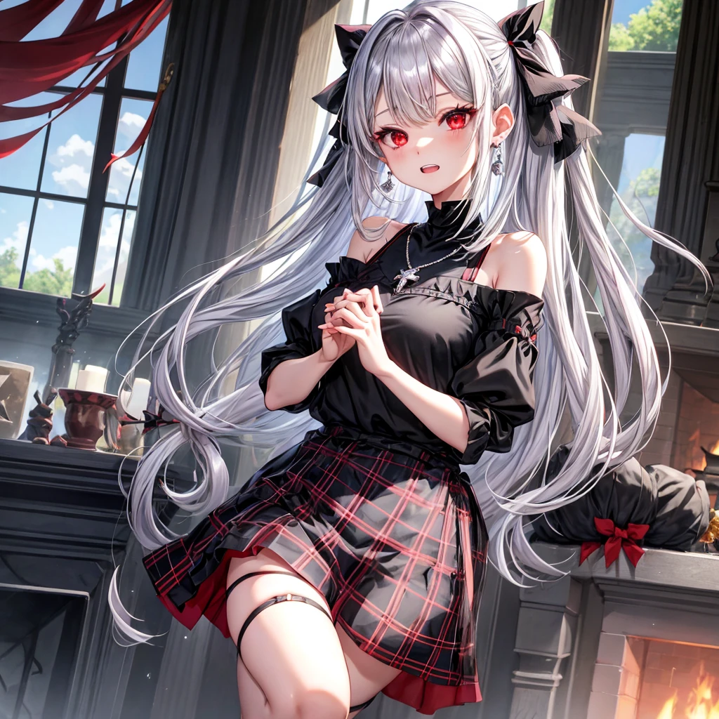 silver hair、red eyes、one good looking girl、solo、anime、plaid mini skirt、black camisole、black t-shirt、dress、wearing a ribbon、ribbon at waist、stones are piled up、crystal earrings、jewelry necklace、Light and shadow、tilting one&#39;s face、teeth are visible、pillar、skylight、fireplace