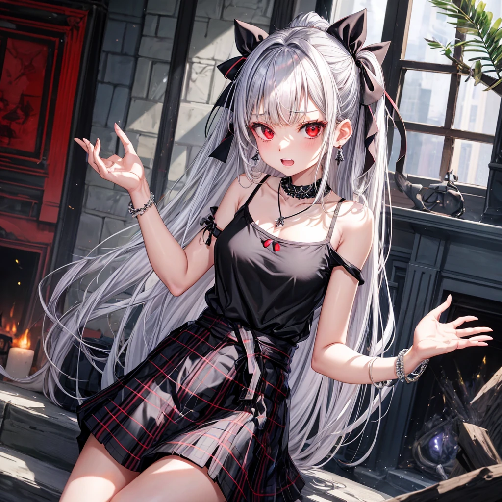 silver hair、red eyes、one good looking girl、solo、anime、plaid mini skirt、black camisole、black t-shirt、dress、wearing a ribbon、ribbon at waist、stones are piled up、crystal earrings、jewelry necklace、Light and shadow、tilting one&#39;s face、teeth are visible、pillar、skylight、fireplace