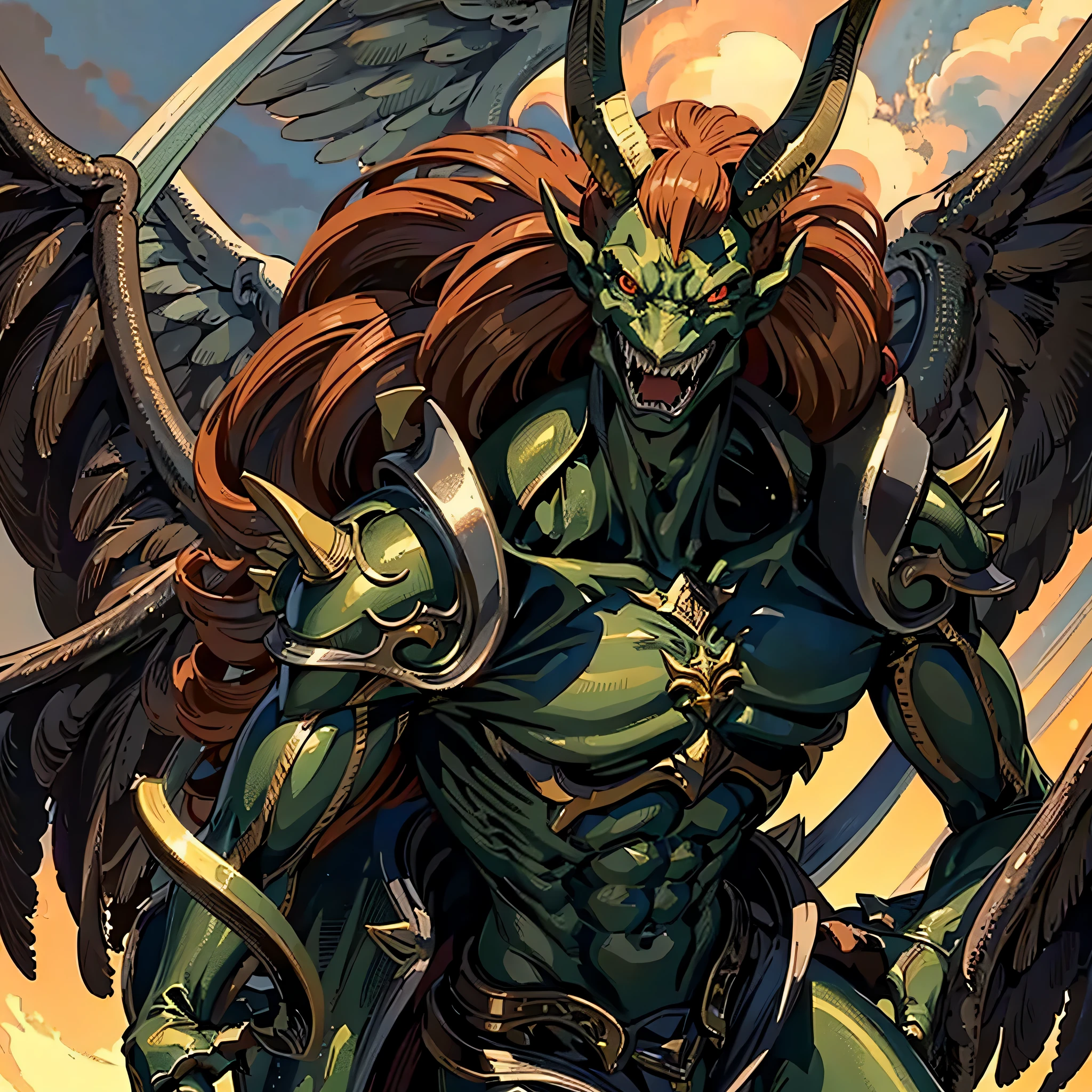 (masterpiece, best quality:1.2,pure white background),1boy,solo,enkidou \(final fantasy\),monster,open mouth,red eyes,sharp teeth,long hair,looking at viewer,horns,brown hair,green body,wings of pegasus,Make it into an anime picture、Closer to the anime picture、Do not change details or composition