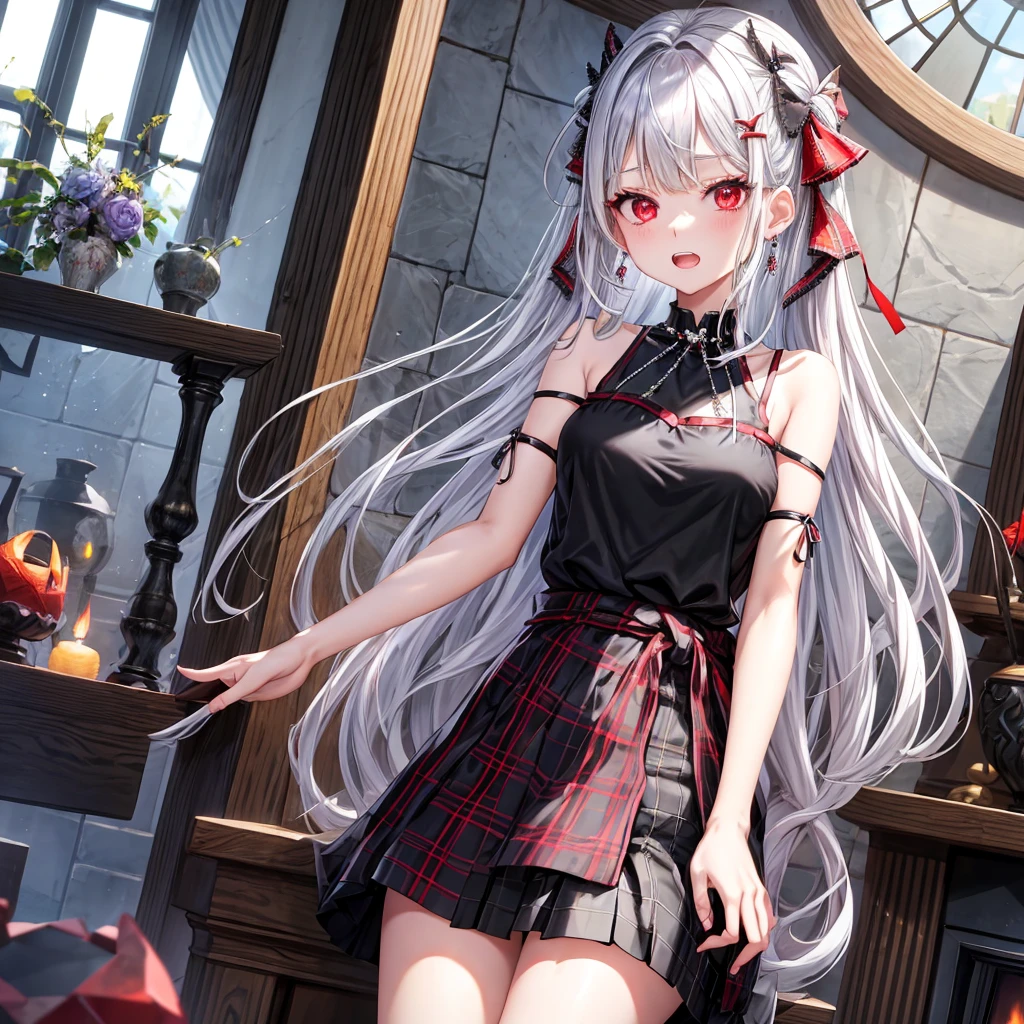 silver hair、red eyes、one good looking girl、solo、anime、plaid mini skirt、black camisole、black t-shirt、dress、wearing a ribbon、ribbon at waist、stones are piled up、crystal earrings、jewelry necklace、Light and shadow、tilting one's face、teeth are visible、pillar、skylight、fireplace