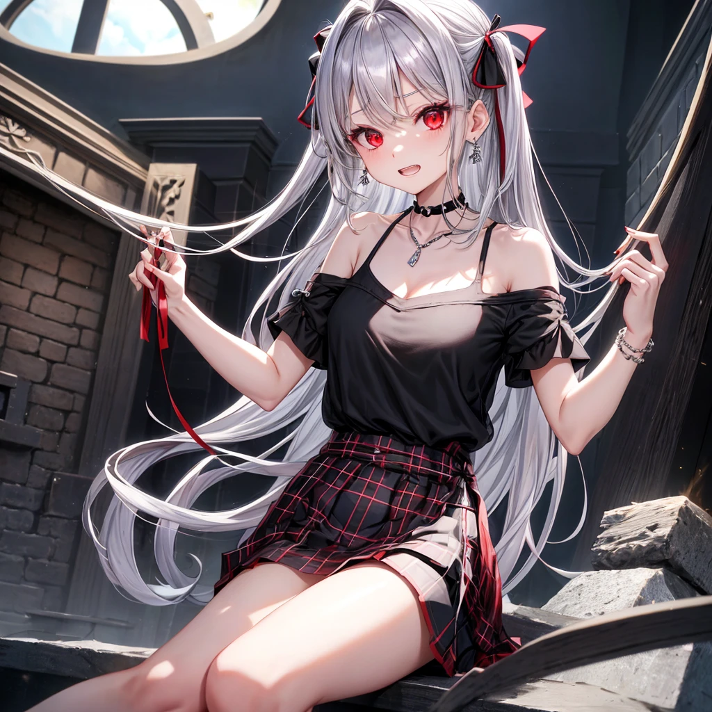 silver hair、red eyes、one good looking girl、solo、anime、plaid mini skirt、black camisole、black t-shirt、dress、wearing a ribbon、ribbon at waist、stones are piled up、crystal earrings、jewelry necklace、Light and shadow、tilting one's face、teeth are visible、pillar、skylight、fireplace