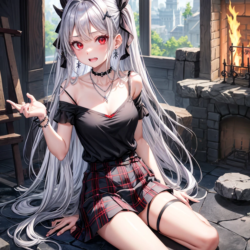 silver hair、red eyes、one good looking girl、solo、anime、plaid mini skirt、black camisole、black t-shirt、dress、wearing a ribbon、ribbon at waist、stones are piled up、crystal earrings、jewelry necklace、Light and shadow、tilting one&#39;s face、teeth are visible、pillar、skylight、fireplace