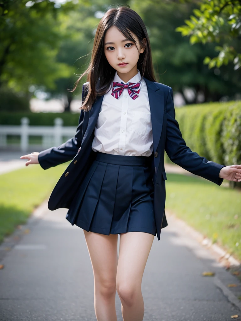 (masterpiece, highest quality:1.4), award-winning portraits, 8K, 85mm, alone, beautiful face, delicate girl, , (dark navy blazer jacket), dark navy skirt, long sleeve, violaces, gardenia, grace, Sophisticated, cute, teen, looking at the viewer, , Raw photo, disorganized, HDR, sharp focus, A bow tie, background bokeh、(((flat 、thin and delicate body、A childish atmosphere)))、Her shiny semi-long hair is tied up、hair swaying in the wind、Mole on the left cheek、large, round, dark blue eyes、full body、random pose、Run、sprinting、Skirt fluttering in the wind、Junior idol、Nogizaka Idol、widening skirt、jump、mole under eye、sexy、