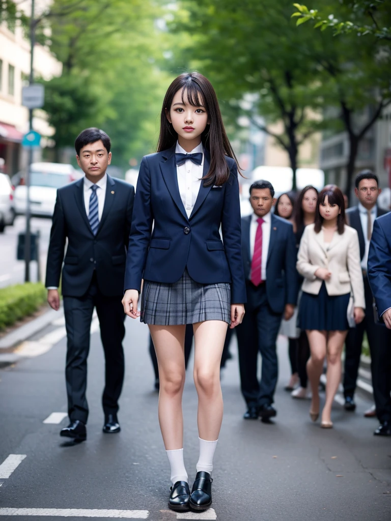 (masterpiece, highest quality:1.4), award-winning portraits, 8K, 85mm, alone, beautiful face, delicate girl, , (dark navy blazer jacket), dark navy skirt, long sleeve, violaces, gardenia, grace, Sophisticated, cute, teen, looking at the viewer, , Raw photo, disorganized, HDR, sharp focus, A bow tie, background bokeh、(((flat 、thin and delicate body、A childish atmosphere)))、Her shiny semi-long hair is tied up、hair swaying in the wind、Mole on the left cheek、large, round, dark blue eyes、full body、random pose、Run、sprinting、Skirt fluttering in the wind、Junior idol、Nogizaka Idol、widening skirt、jump、mole under eye、sexy、