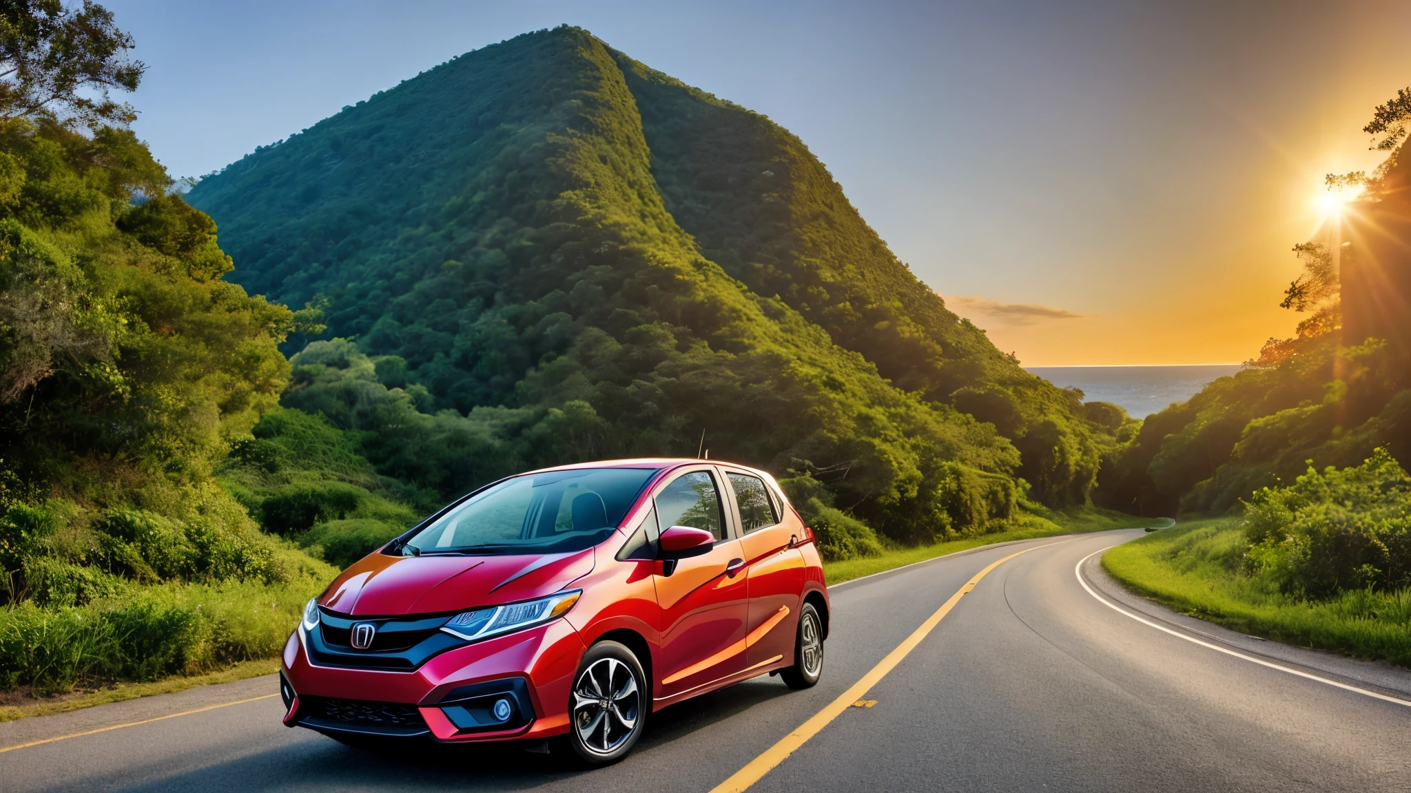 A red Honda Fit vehicle drives along a scenic road, surrounded by lush greenery and mountains in the background. The sun casting a warm glow on the water, revealing beautiful beaches in the distance. The car's sleek design contrasts with the natural beauty of its surroundings, as it transports someone through this picturesque landscape. (Realistic, Detailed, Colorful)
A red Honda Fit car travels down a picturesque Florida road, nestled between verdant mountains and enchanting beaches. The sun bathes the landscape in a golden hue, revealing sugar-white sand beaches in the far distance. The smooth lines of the vehicle stand out against the rich tapest
