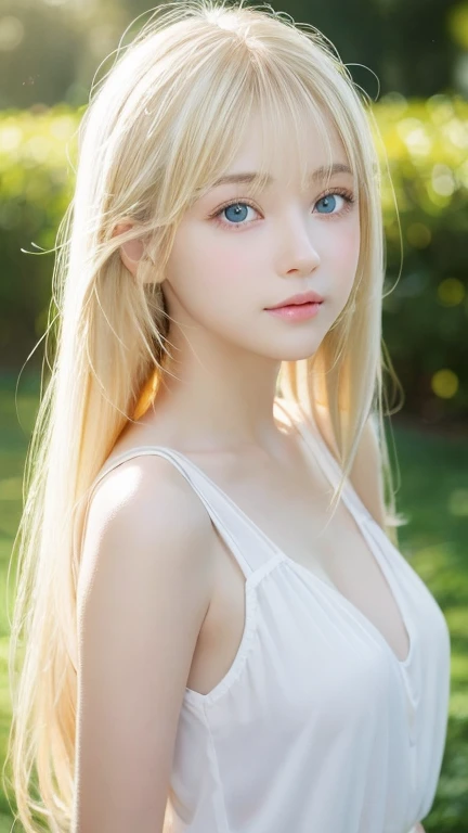 A very beautiful 14-year-old girl with outstanding beautiful blonde hair.、Beautiful and beautiful face、blonde on the face、bangs above shiny eyes、Very bright white light blue big eyes that shine so beautifully、cute very bright big eyes、gentle and bright expression、blonde super long silky hair、hair above eyes、片hair above eyes、hair between eyes、small face beauty、round face、Very white, bright and young skin、cheek highlights、Very beautiful bright eye highlights、