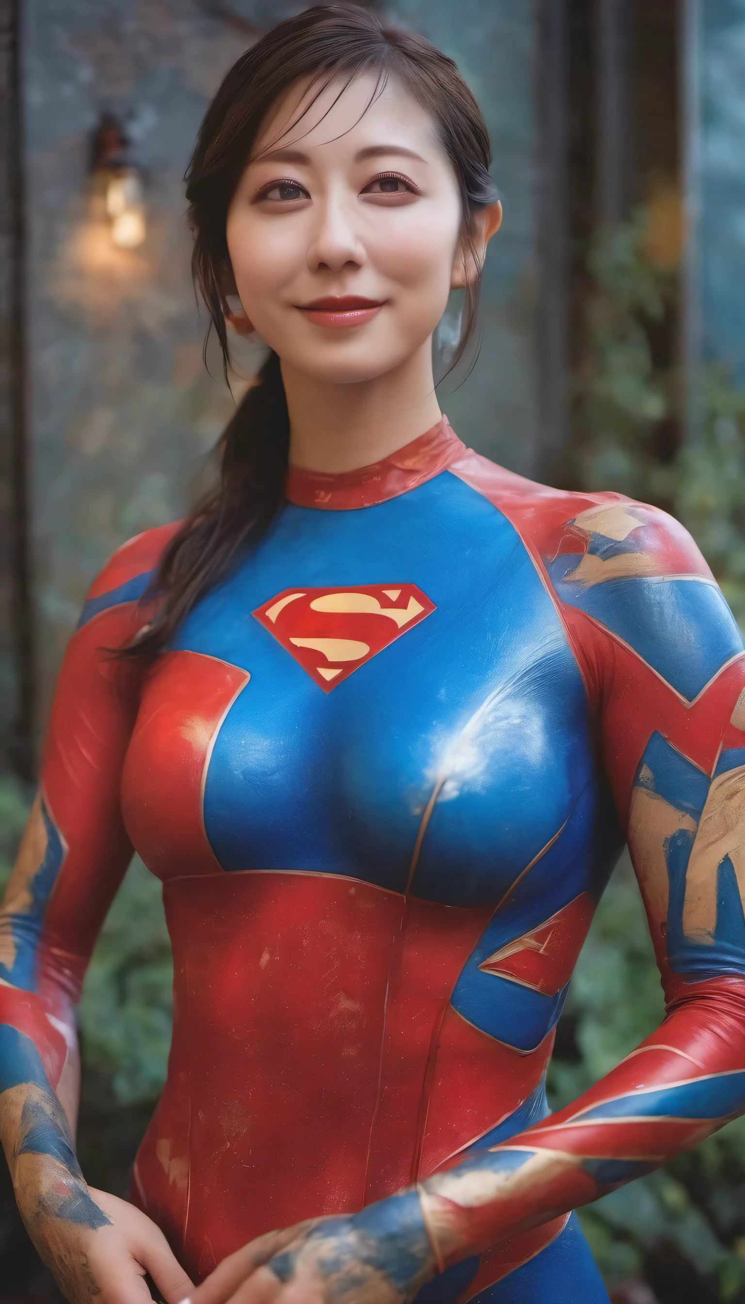 (Highest image quality, realistic depiction),(Body slippery with lotion,sweaty body),artistic nude art,(Beautiful woman with blue and red Superman body paint),Colossal tits,((best character depiction,beautiful nude body))