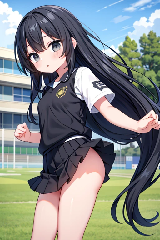 girl、、black hair、black eyes、long hair、sports uniform、mini skirt、No panties、Raw